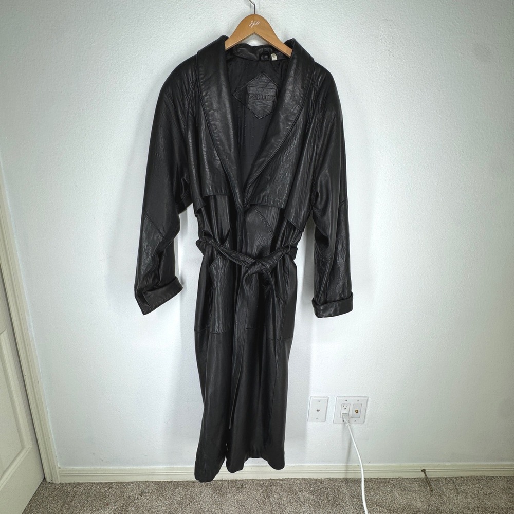 Vintage Mens Black Lambskin Leather Trench Coat Belted Long Duster Large 90s Y2K